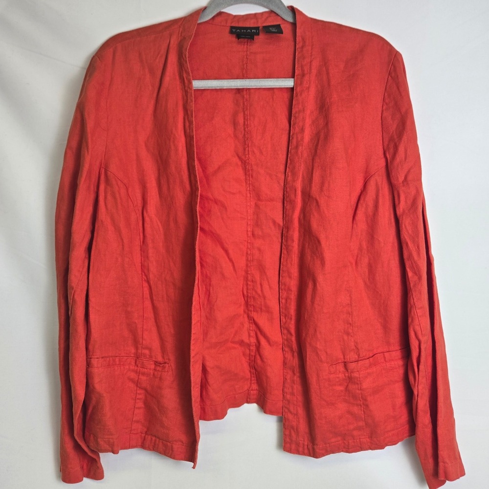 Tahari 100% Linen Open Front Blazer Red Orange Costal Casual‎ Lightweight Large
